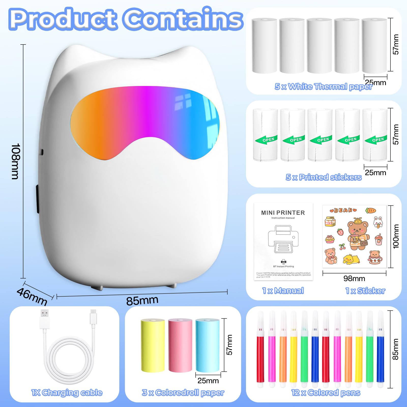 Mini Imprimante Portable Thermique sans Fil Bluetooth avec 14 Rouleaux de Papier pour iOS Android Notes Photos Journal