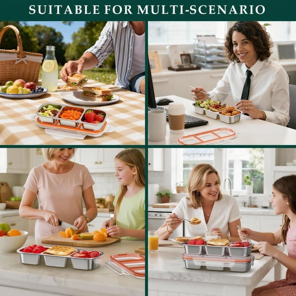 QCQHDU Bento Lunch Box Stainless Steel Snack Containers, Reusable Stainless Steel 3-Compartment Condiment Metal Bento Lunch Box with Lids, Divided Snack Food Storage Lunchable Containers, 1 Pack - Image 7