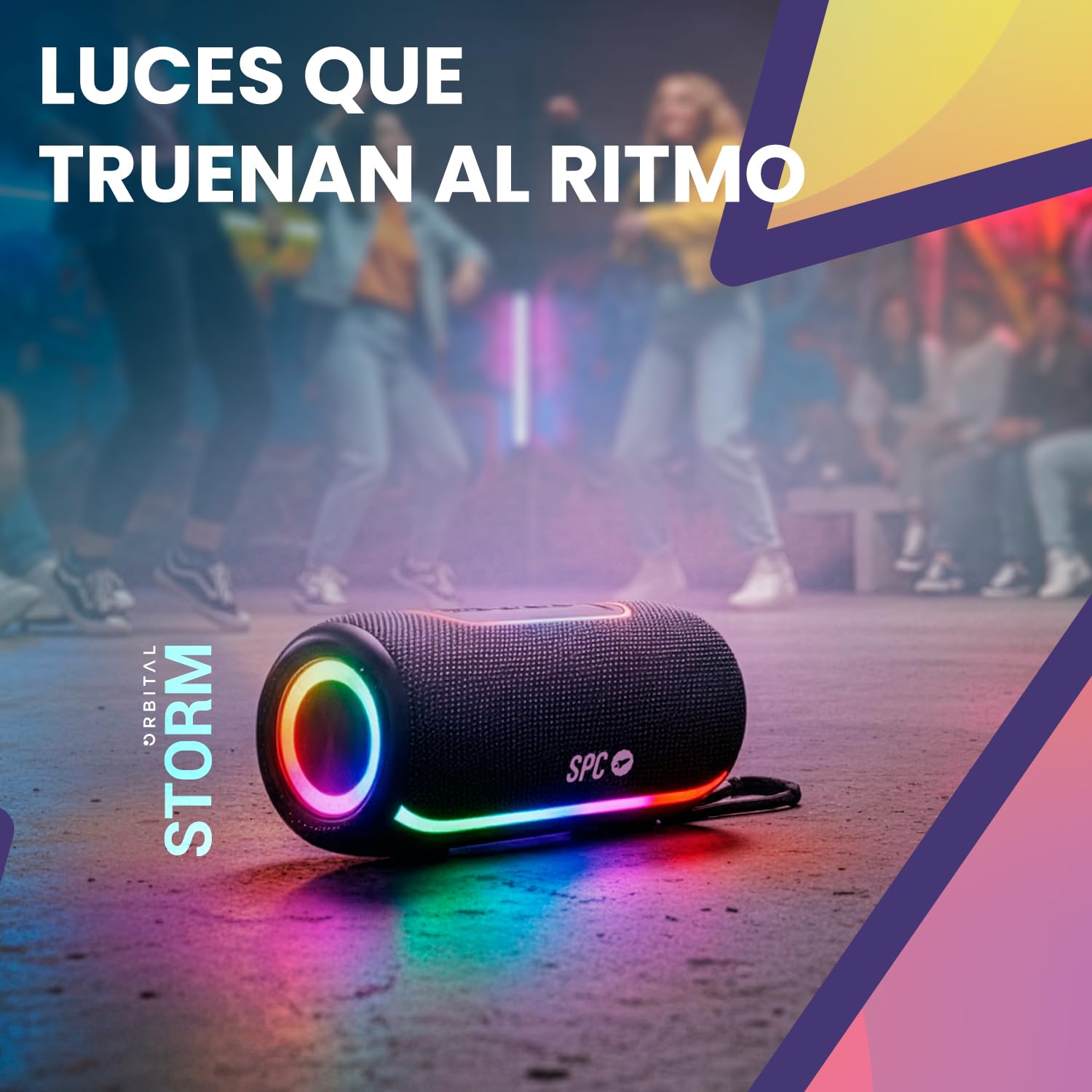 SPC Orbital Storm – Altavoz Bluetooth Potente 60W portátil con luz LED 360° | hasta 20h de batería | IPX6 Resistente al Agua | True Wireless | USB, microSD y Jack 3.5mm | Altavoz con Correa