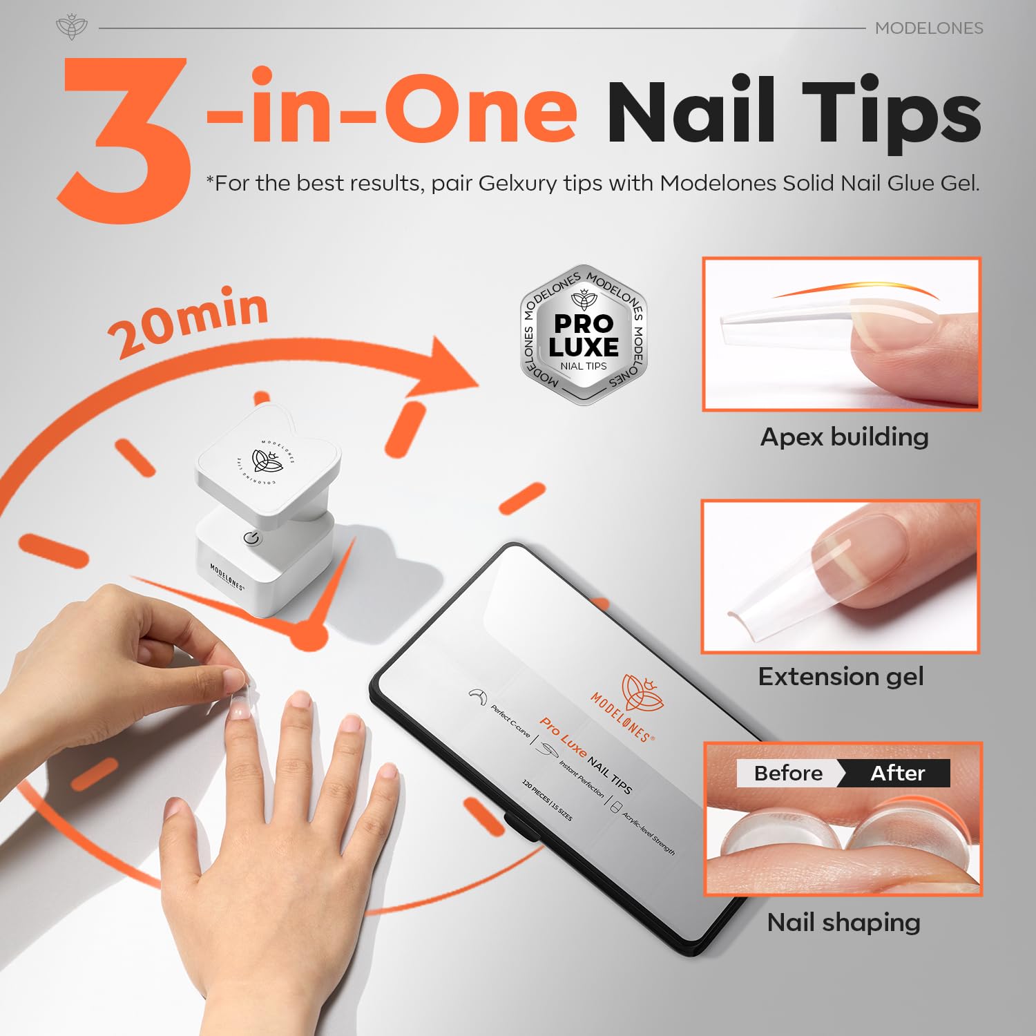 Modelones Tipsy do paznokci 120 sztuk - komplet tipsów do pełnego pokrycia, zestaw tipsów w żelu, pre-bufowane tipsy z żywicy PMMA, sztuczne paznokcie do naklejenia Nail Art DIY, 15 rozmiarów, długie
