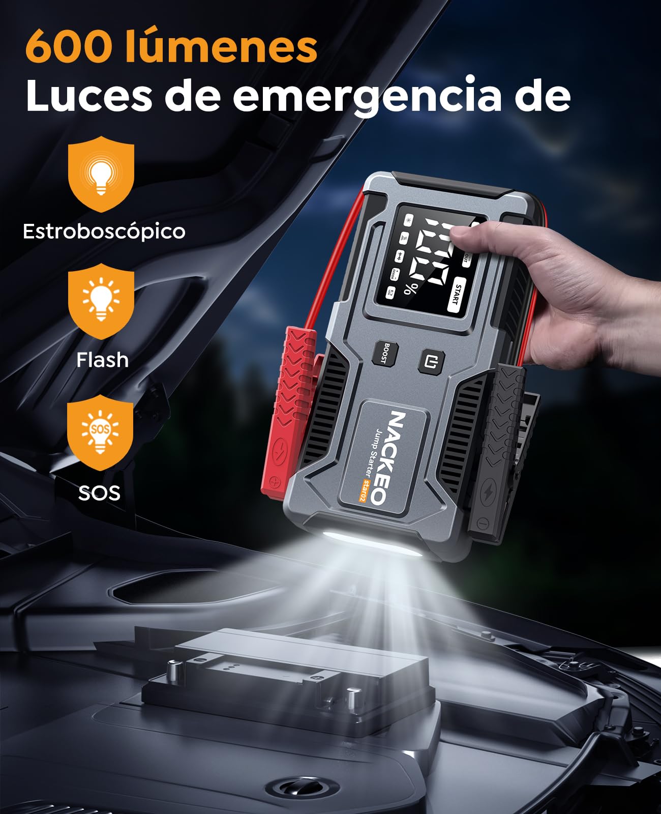 Arrancador de Coches 8000A, Arrancador de Baterías de Coches 12V (para 9.0L de Gasolina o 7.0L de Diésel) Jump Starter con Cables Integrados, Linterna LED de Emergencia, Espera Larga, Carga Rápida