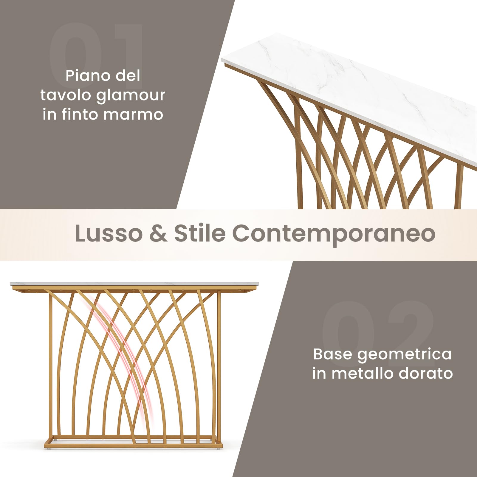 COSTWAY Tavolo Consolle, Tavolo da Ingresso Moderno con Piano Effetto Marmo Bianco, Base Geometrica, Tavolo Lungo e Stretto da Divano per Soggiorno e Ingresso