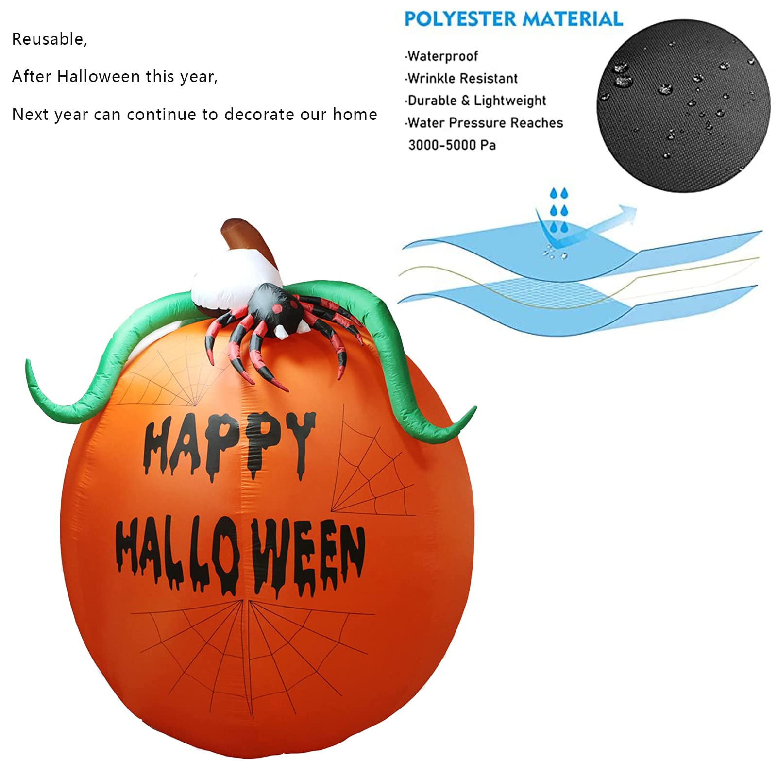 Calabaza inflable de 10 pies con luces LED para Halloween, decoración de interiores y exteriores, decoración de patio iluminada, inflables gigantes para el hogar, la familia y el exterior