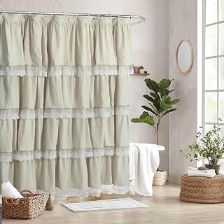 Handmade Ruffle Shower Curtain with Scalloped Lace Trim & Attached Valance, 72" x 72" Soft Microfiber Shower Curtains for Bathroom, Easy to Install and Machine Washable, Camel