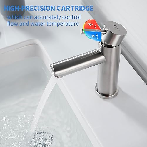 Miniatura 3 de Grifo de lavabo de baño de una sola manija, níquel cepillado, moderno grifo de baño de un solo orificio, grifo de lavabo comercial de acero