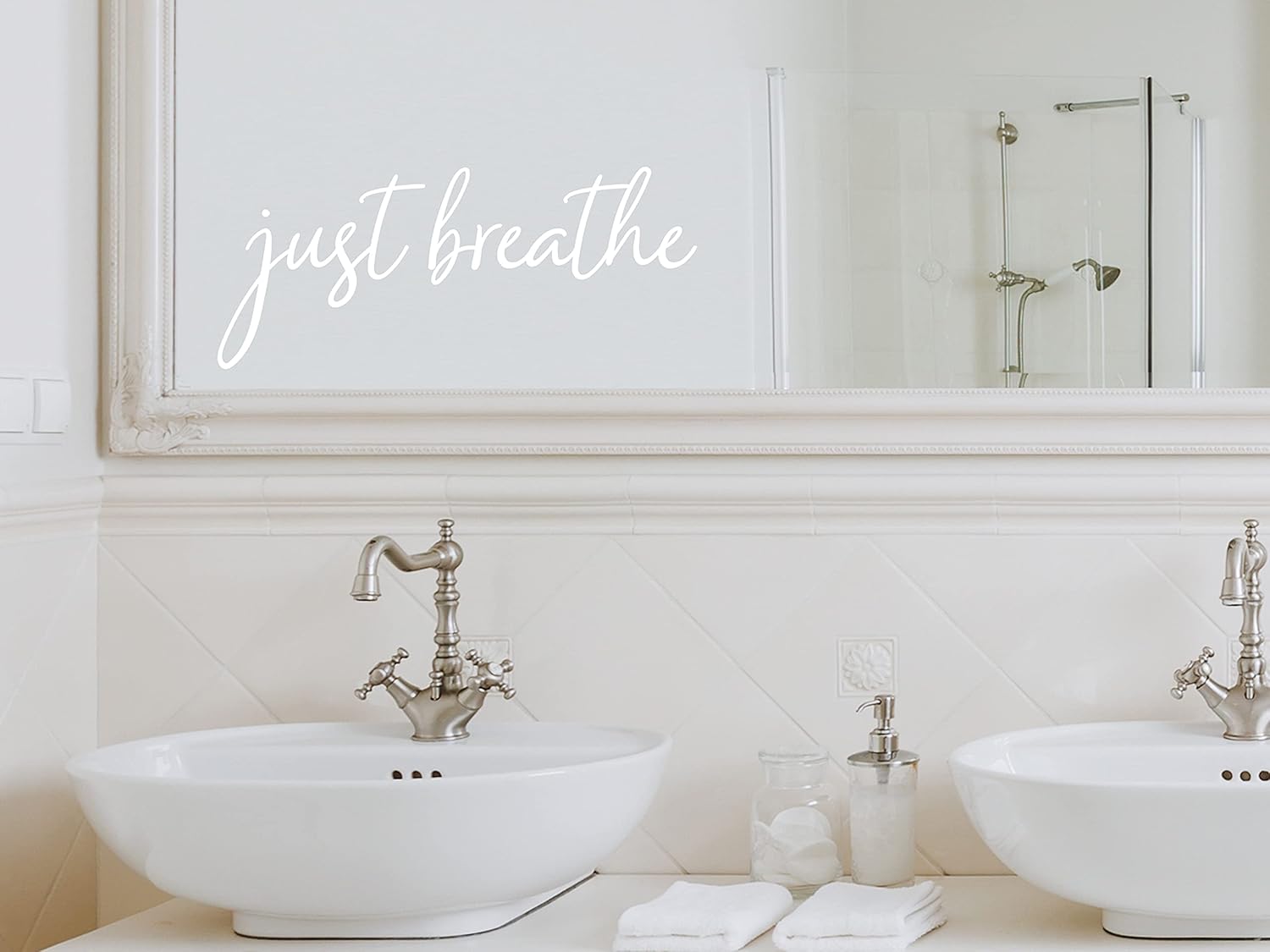Just Breathe Cursive Bathroom Wall Decal Matte Finish Vinyl Black, White, Grey, Brown