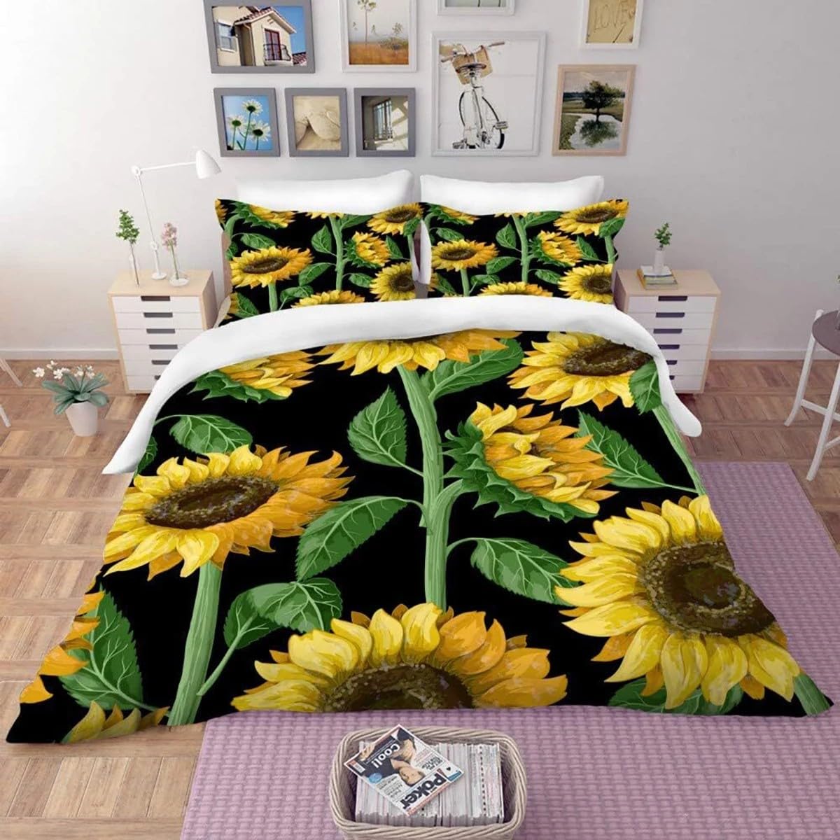 Housse de couette 140x200 tournesol抗皺 microfibre zippée facile à enfiler