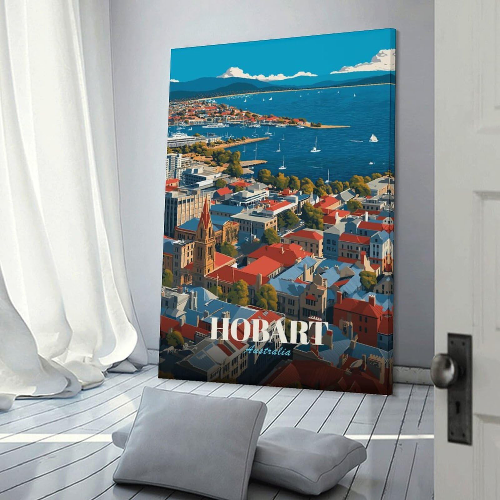 Junmoney Hobart, Australia Cityscape Room Decor Wall Art, 24x36inch(60x90cm), for Feature Walls in Flats Or Modern Rooms, Wall Decor Suited to Curated Displays