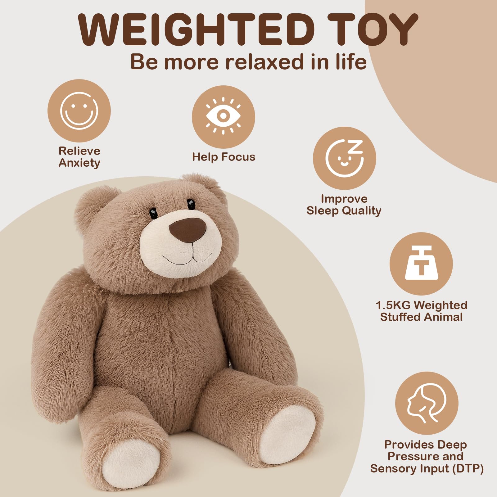 Joyreal 1.5 kg Orsetto Ponderato per I'ansia, Sollievo Dall'ansia per Gli Adulti, Orsetto in Peluche ponderato, Giocattoli Sensoriali per l'autismo, Animale di Peluche Ponderato 1.5 kg
