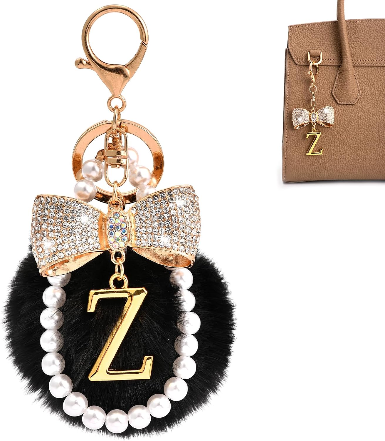 Gold Initial Keychain with Rhinestone Bow & Black Pom Pom, Cute Letter Bag Charm for Women Purse and Car Keys