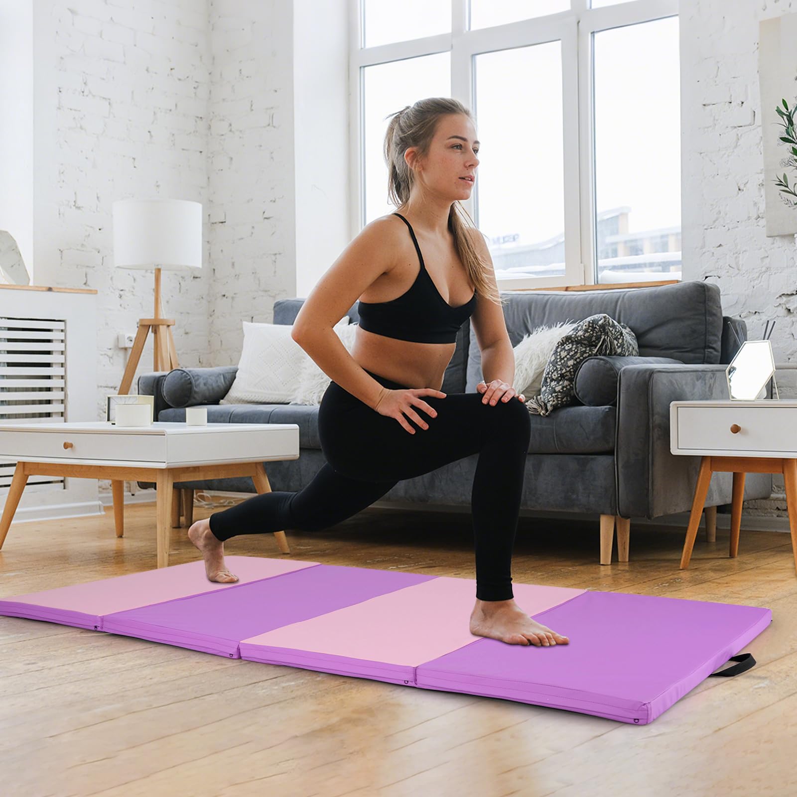 GOPLUS Tapis de Gym Épais Pliable, 240x118x5 CM, Tapis de Gymnastique 4 Plis avec Attaches Auto-Agrippante, Poignée Transport Portable en Cuir, Tapis Fitness pour Yoga, Sport