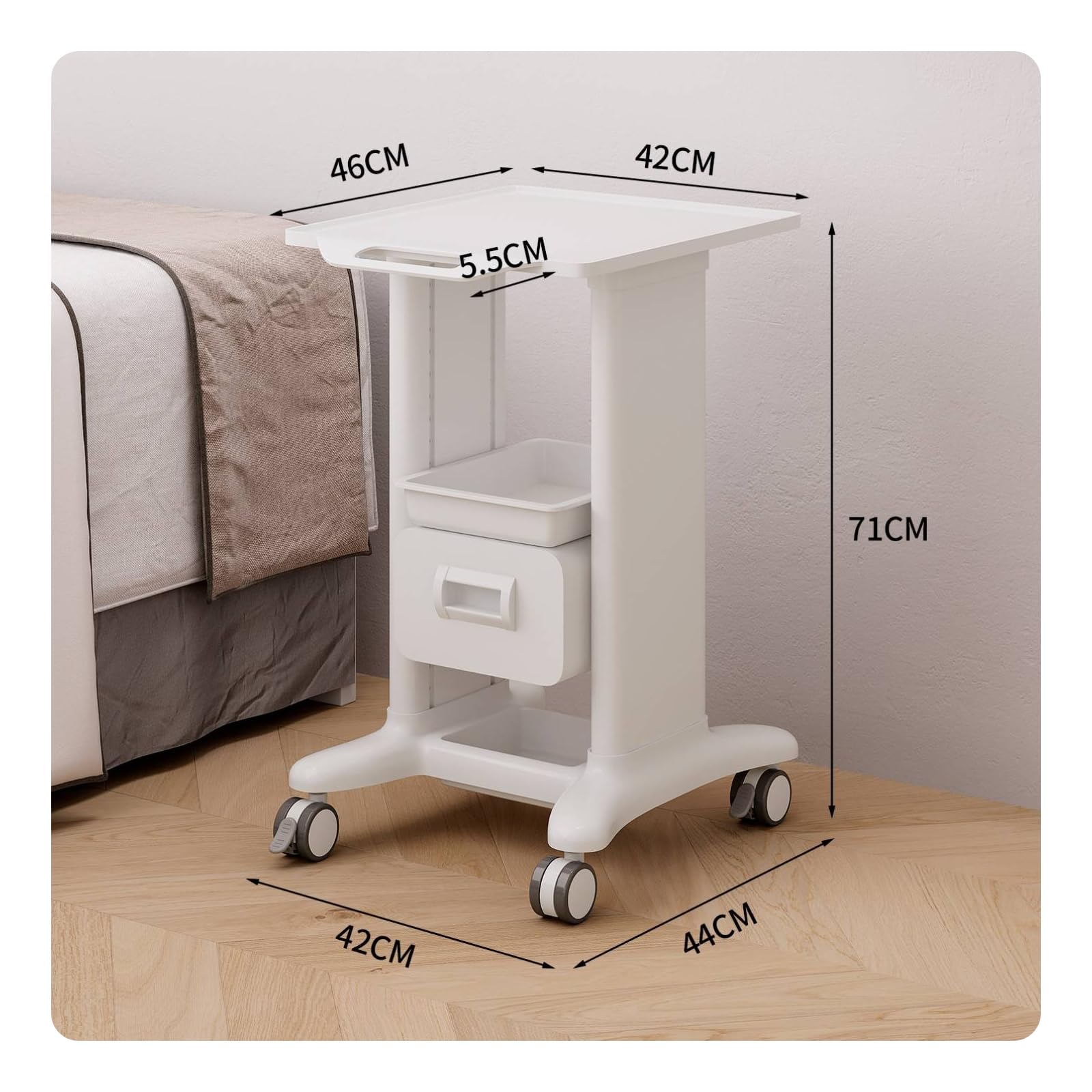 Harilla Carrello Portaoggetti Bellezza Trolley Estetica Carrello Salone Carrello Estetista Vassoio Plastica Design Compatto Adatto Zona Trattamento Saloni, Bianco, Cassetto Singolo + 1 Scatola