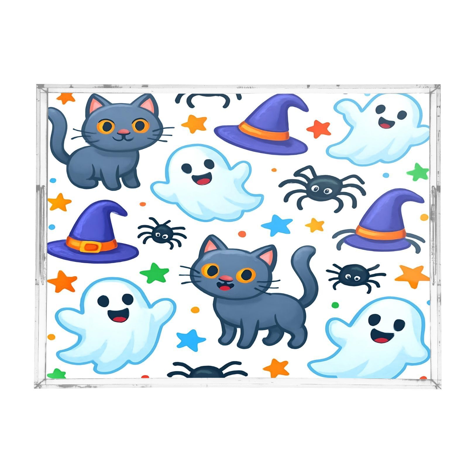 BOESI Cute Halloween Ghost and Cat Acrylic Decorative Dining Tray, Acrylic Decorative Tray Organizer with Handle for Kitchen, Dining Room, Bathroom, Dresser