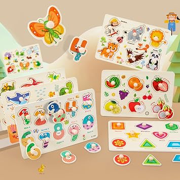 Wooden Peg Puzzle for 2+ year olds, 8Pcs Baby Peg Puzzles 1+, Learning Puzzles Set- Dinosaur, Farm, Sea, Animals, Fruits, Shape, Vegetable, Insect Great Preschool Gifts for Girls Boys
