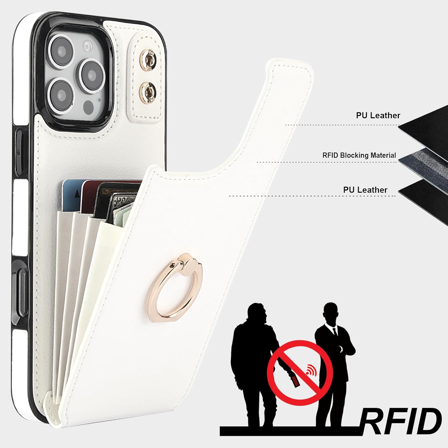 Folosu Compatible with iPhone 16 Pro Max Case Wallet with Card Holder, 360°Rotation Finger Ring Holder Kickstand, RFID Blocking Leather Protective Double Buttons Shockproof Cover 6.9 Inch White - Image 5