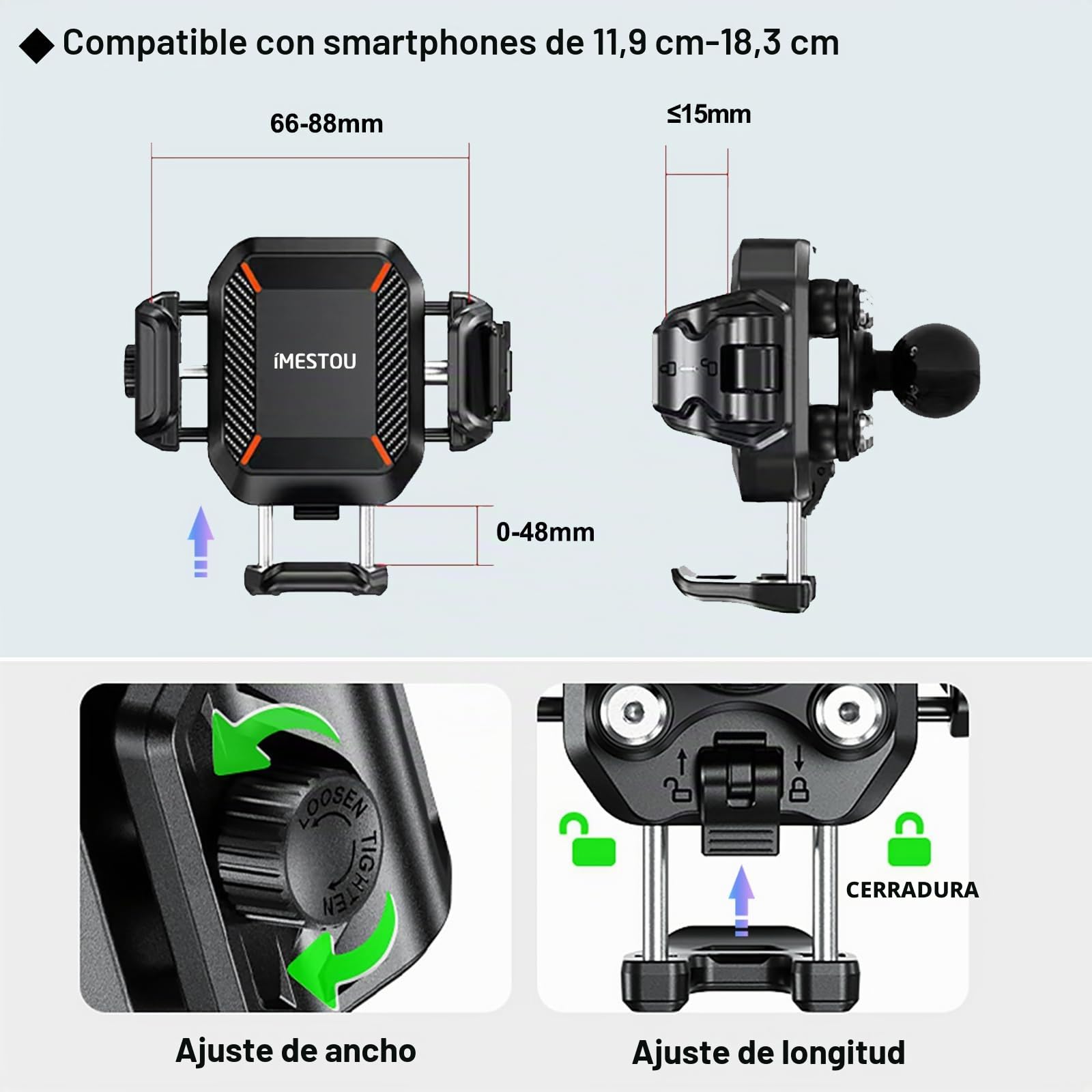 iMESTOU Soporte Inalámbrico USB C para Motocicleta, Antivibración, Bola de 25MM Soporte para Teléfono Qi Adecuado para Teléfonos de 5.2"-7.2" de Grosor hasta 15mm de Grosor para Manillares de 22-32mm
