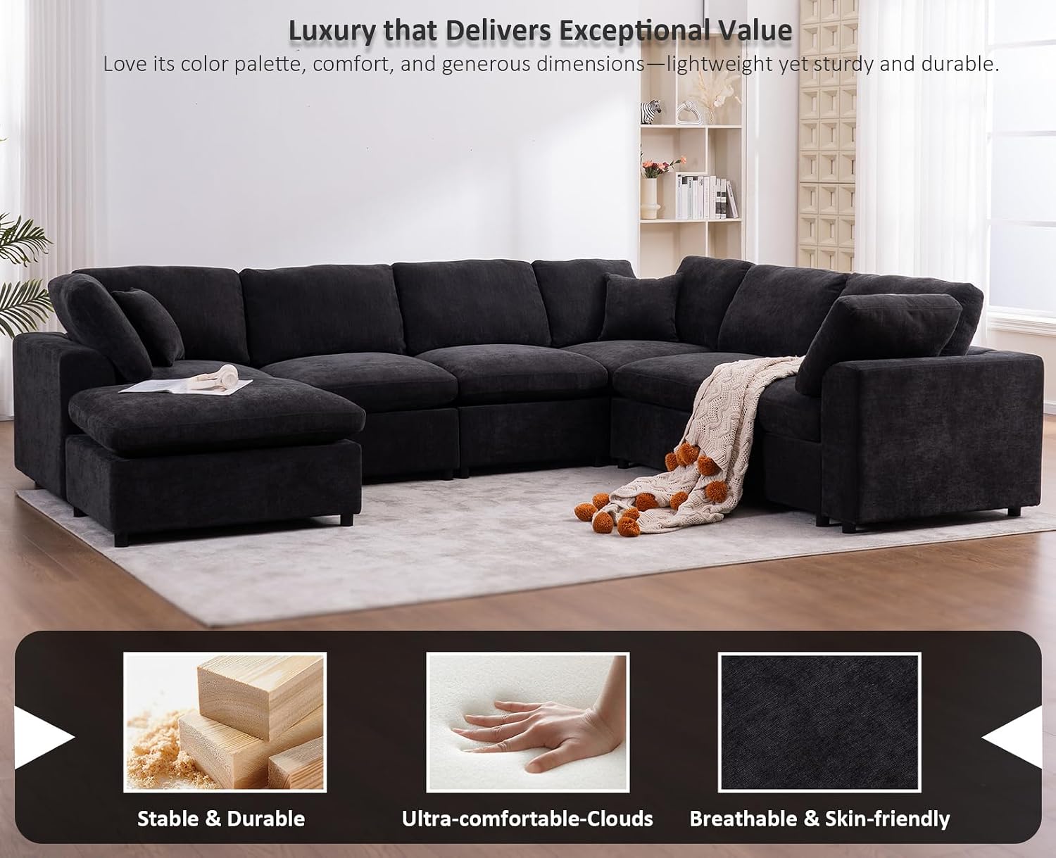 Oversized Modular Sectional Sofa Couch, Large 7 Seater Corner Sofa Modern U Shaped Sectional Couch with Ottoman Cloud Couches for Living Room, Office, Spacious Space, Black thumbnail