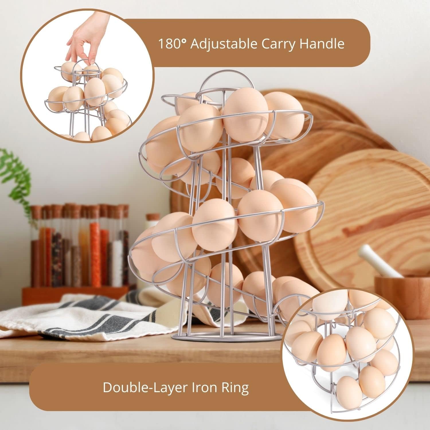 Flexzion Egg Skelter Modern Spiral Egg Holder Countertop (Medium Egg Display) - Freestanding Wired Countertop Egg Holder for Fresh Eggs, Dispenser Stand, Storage Rack for Kitchen, Silver