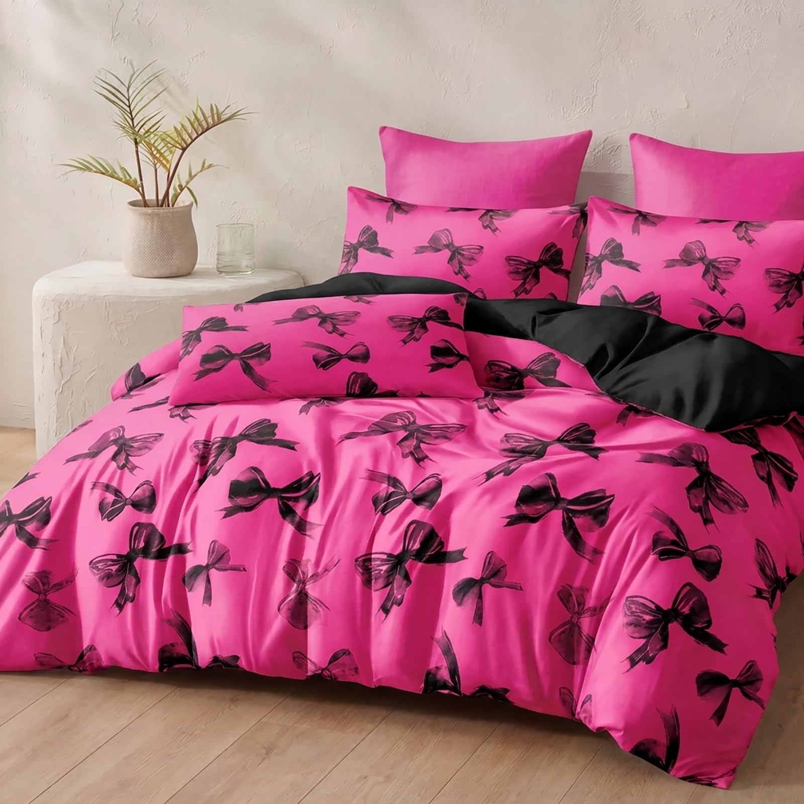 Herside Hot Pink Bow Bedding Sets Double Size Luxury Bowknot Duvet Cover Set Romantic Pink Black Bow Printed Girls Quilt Cover for Gift Ultra Soft Microfibre Bedding Set Easy Care — image 1