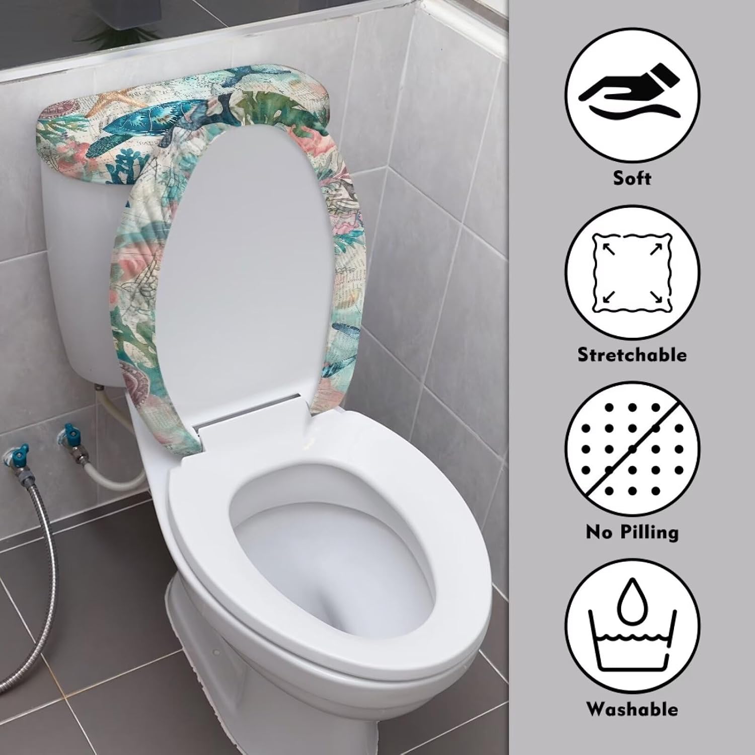 Vintage Sea Turtle Toilet Lid and Tank Cover 2 Pcs Oblong Stretch Seat Cover image 3