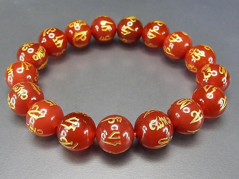 天然石 梵字 六字真言 金彫り紅玉髄 カーネリアン 約8.5mm 約38cm