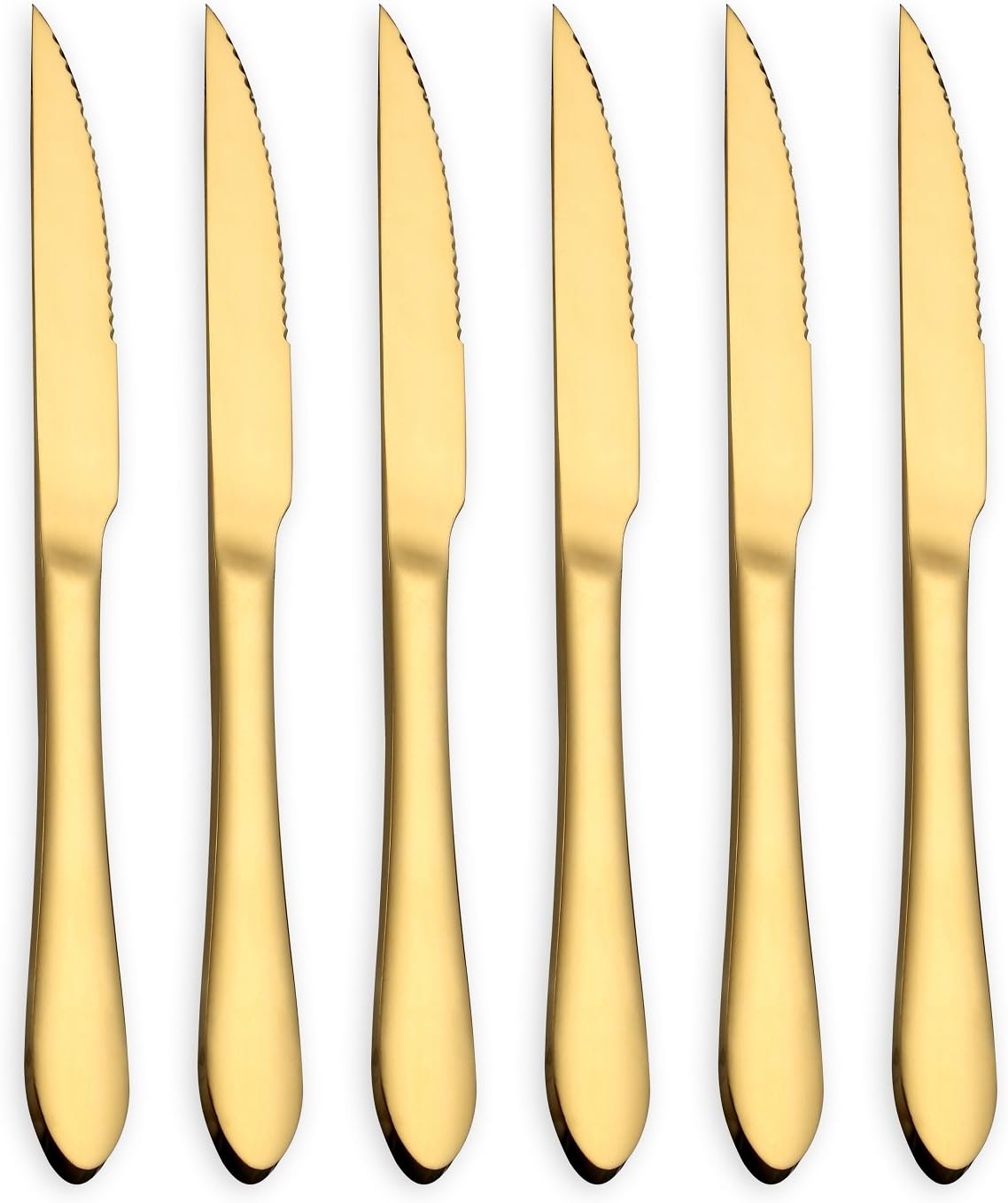Gold Steak Knife Set, Stainless Steel and Durable comfortable grip handle, Mirror Polish and Gold Titanium Plated, for Pizza or Steak (Gold, Set of 6)