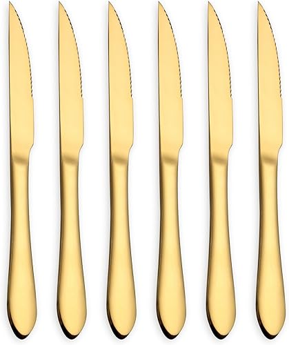 Juego de cuchillos dorados para carne, acero inoxidable y mango de agarre cómodo duradero, pulido de espejo y chapado en titanio dorado, para pizza