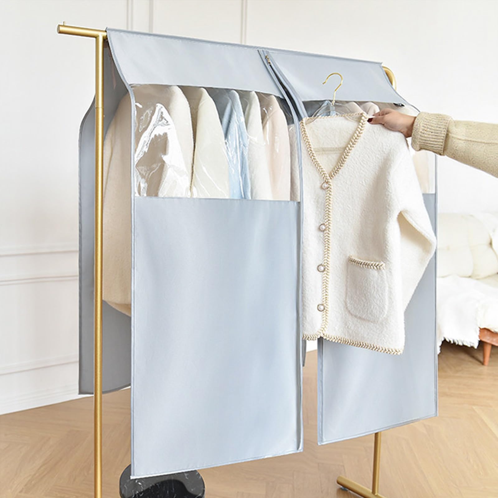 Fundas Ropa Transpirable de Satén con Cremallera Ventana Transparente | Bolsas Ropa con Apertura Central Lavable Ideal para Guardar Chaquetas Vestidos Cortavientos(White,140*113cm/55*44in)