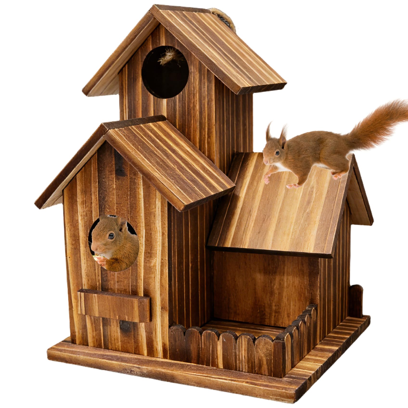 Chipmunk Feeder Squirrels Feeders for Outdoors - Wooden Burnt Wood Color Squirrels Feeder with Flexible Roof, Chipmunk for Garden, Backyard and Tree Mounting