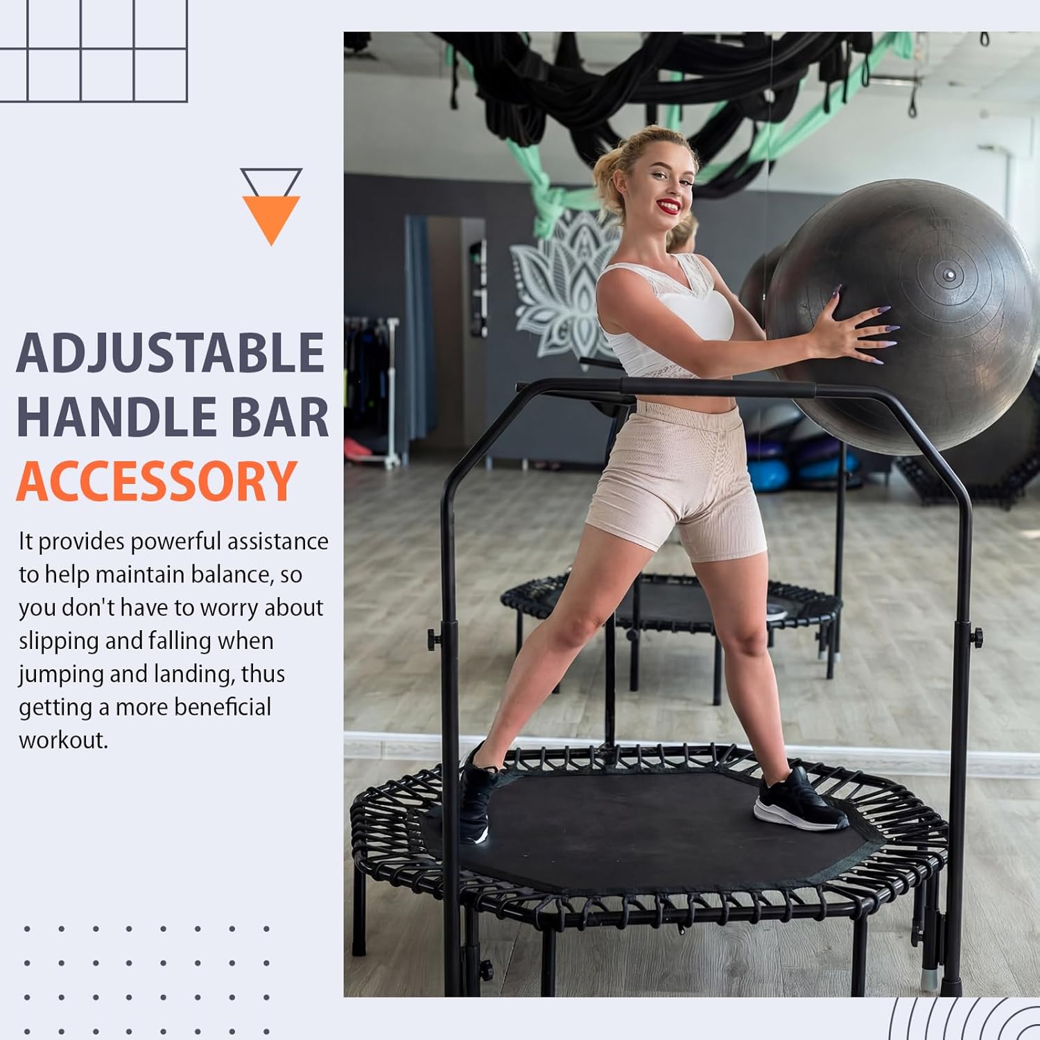 Adjustable Handle Bar Accessory for 40" Round Fitness Trampolines Non-Slip Cushy Rebounder Handle Accessory 4 Levels Adjustable Easy Assembly Trampoline Not Included