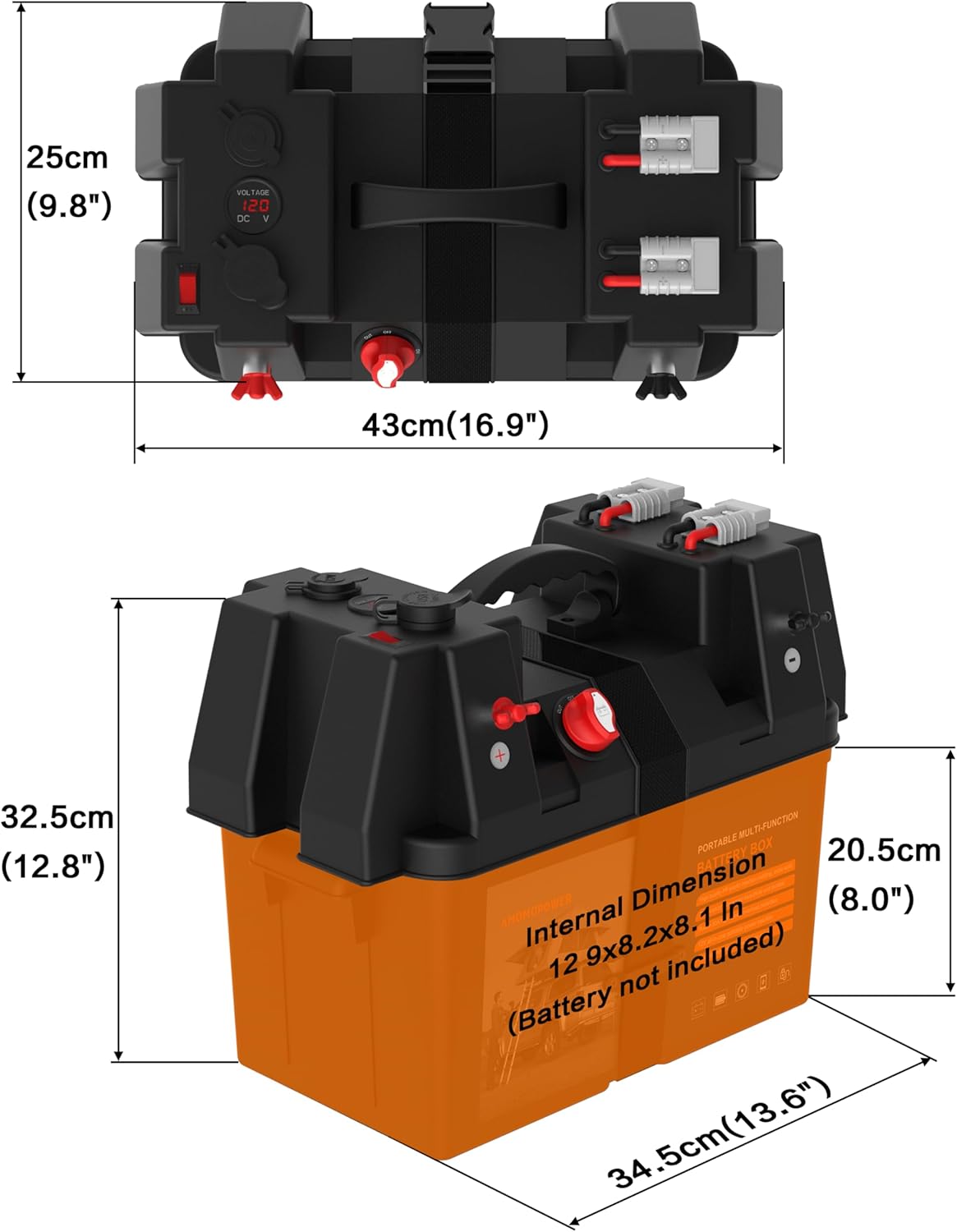 IZTOSS Portable Smart Battery Box, with Voltmeter, QC3.0+PD 18W Port, Cigarette Socket, Anderson Port, Power Switch Circuit Breaker, for Traction Motor, RV and Solar Panel, Battery not Included