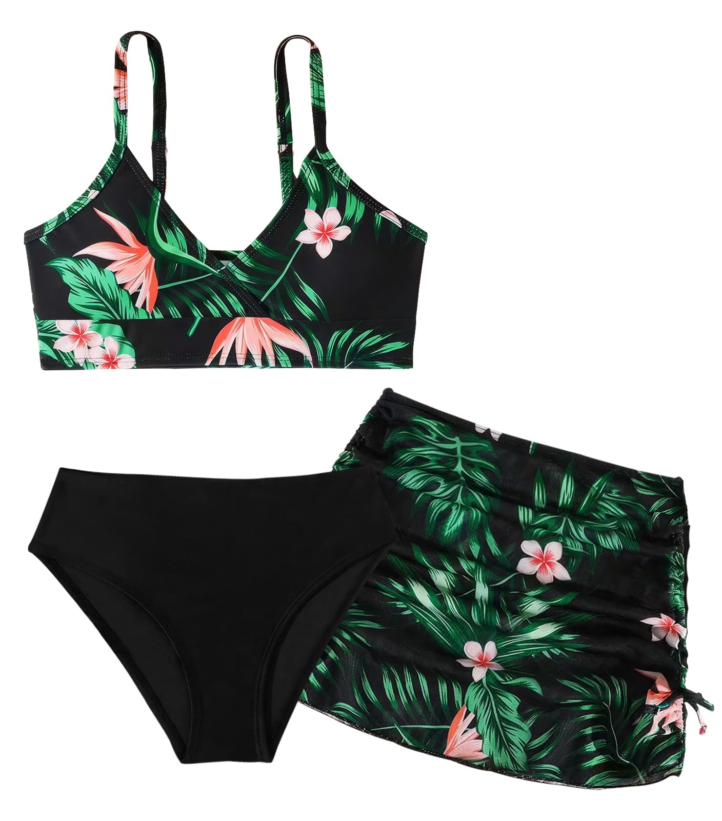 Maeau - Traje de baño de tres piezas para niña, conjunto de playa estampado infantil, bikini alto+bikini corto+falda cubierta, traje de baño y playa, 8-14 años/130-160cm
