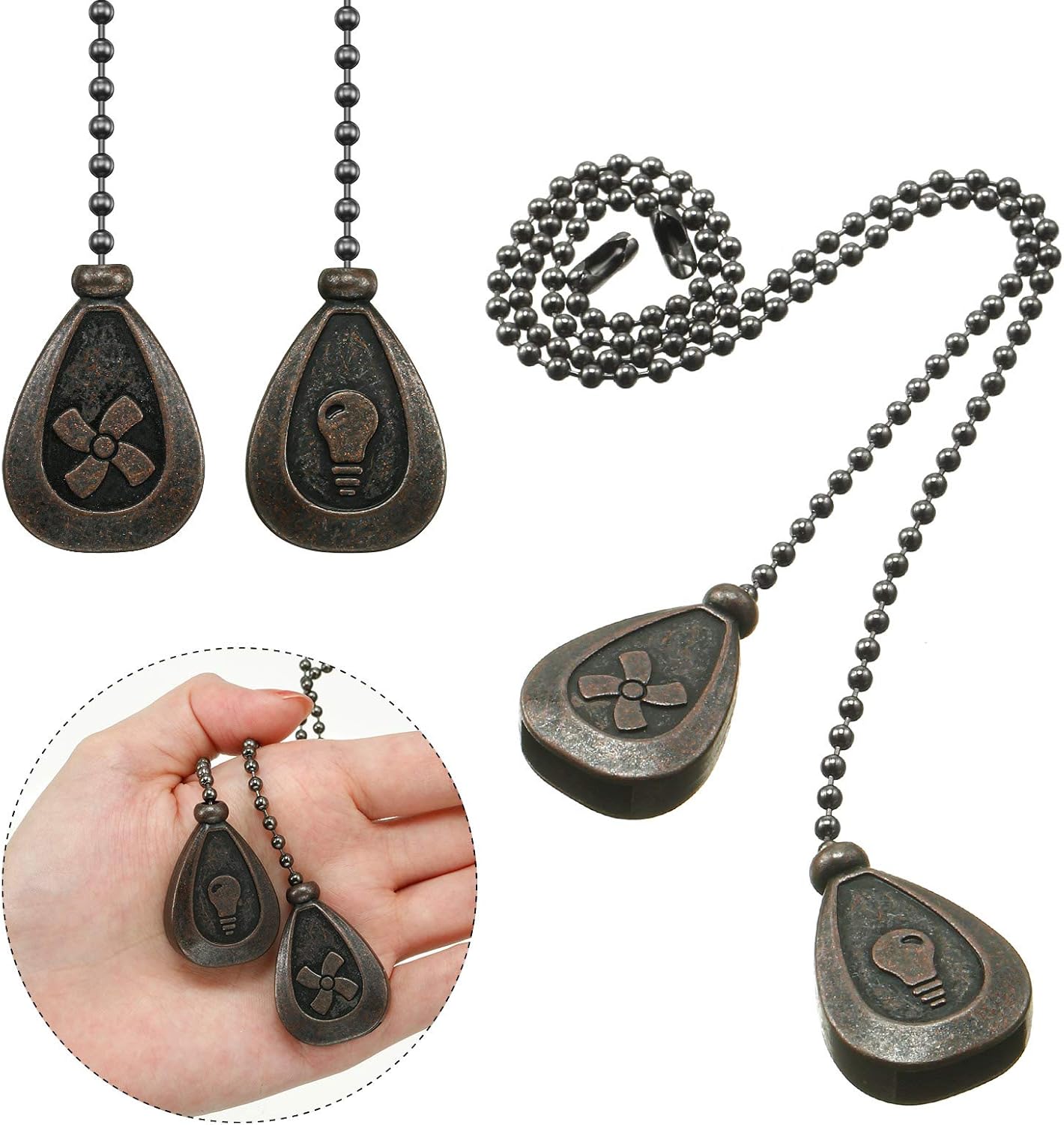 Patelai 8 Pieces Bronzed Ceiling Fan Pull Chain Extension Pendant Ornament 12 Inch Ceiling Pull Chain Extender Classic Drop Shaped Pendant Beaded Ball Cord for Fan Light Lamp Decorative with Connector
