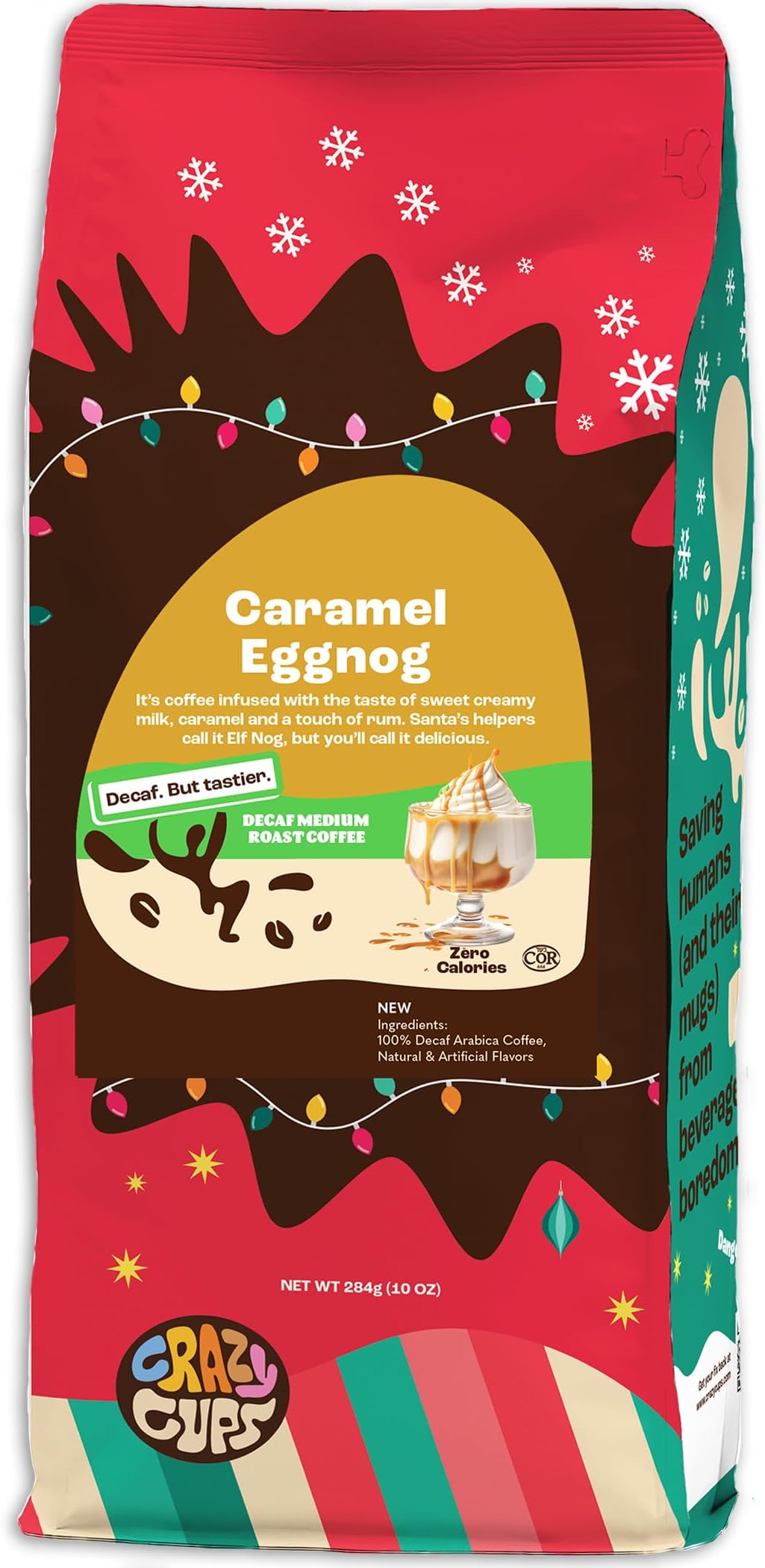Crazy Cups Flavored Ground Decaf Eggnog Coffee, Decaffeinated Caramel Eggnog in 10 oz Bag, For Brewing Flavored Hot or Iced Coffee, (Pack of 1)