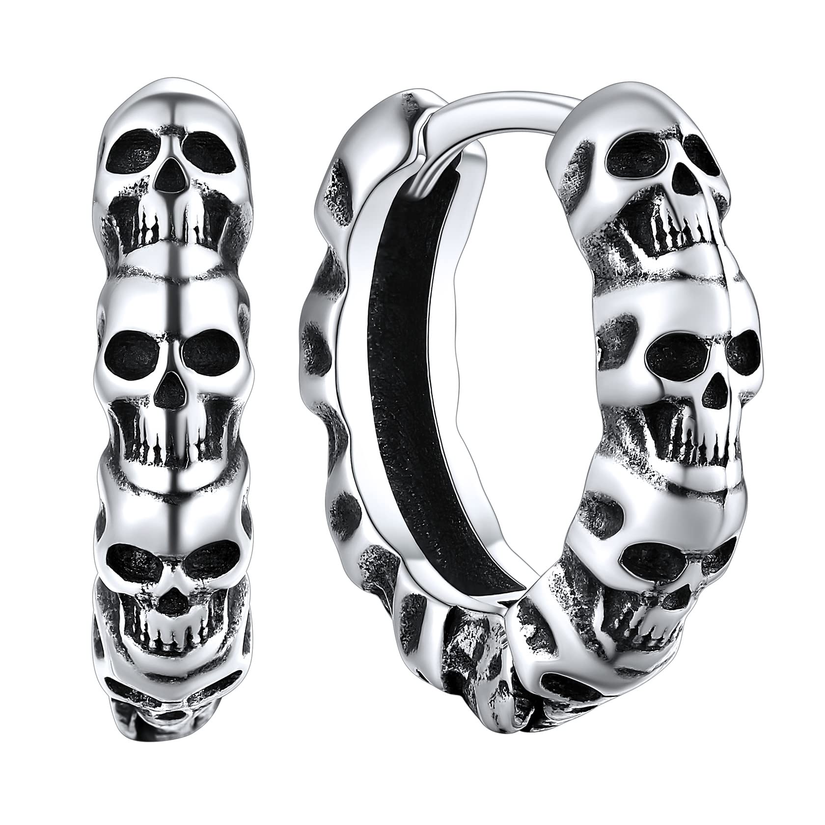 Hinvan 4 Paires Boucles D'Oreilles Tête De Mort Homme Femme - Clous & Créoles Acier Inox 316L Argent - Lot Anneaux Pendantes