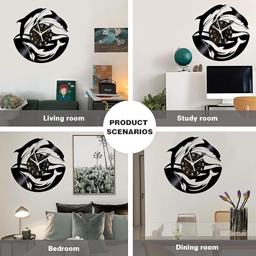 Miniatura 2 de KingLive Dolphin Fish - Reloj de pared de disco de vinilo de 12 pulgadas (11.8 in), color negro, moderno, decorativo, hogar, oficina, niños,