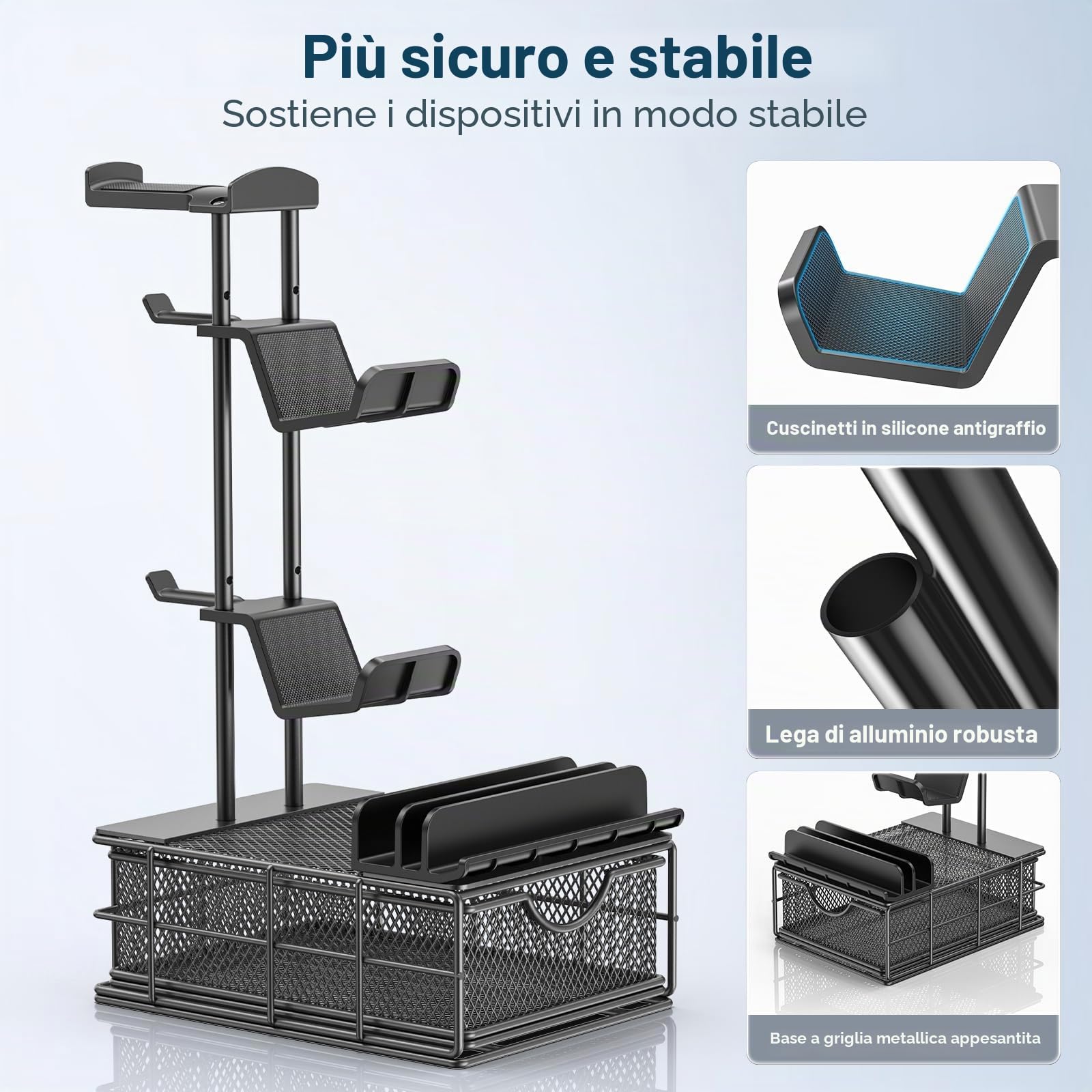 KDD Porta Cuffie da Scrivania con Cassetto, Porta Joystick PS5 con Organizzatore di Cavi, Supporto Cuffie con Barra di Supporto in Alluminio, Universale Accessori Gaming per Xbox One, PS4, PS5,PC