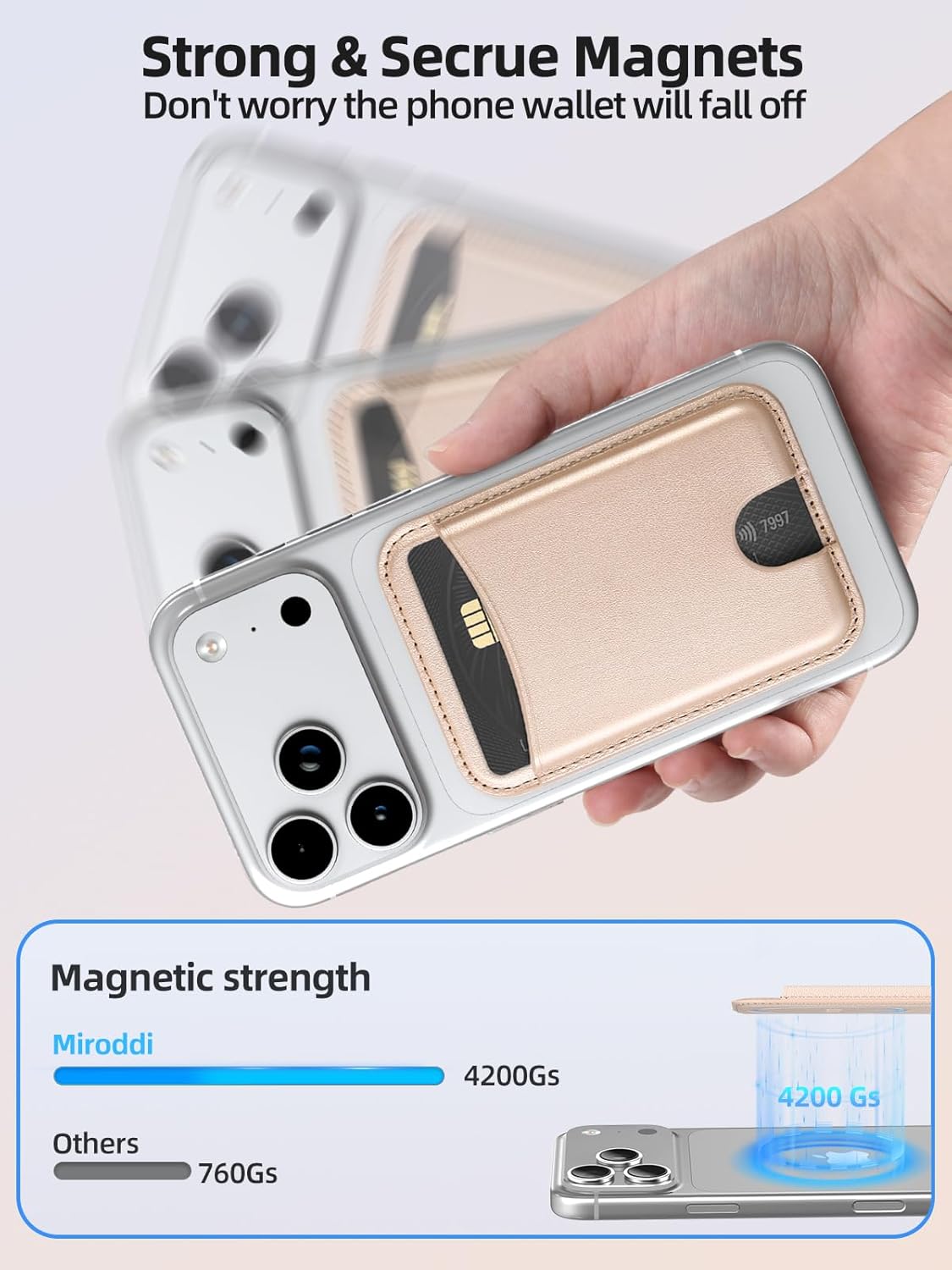 Miroddi for Magsafe Wallet, Magnetic Card Holder for iPhone 17/16/15/14/13/12 Series, Leather Magnet Phone Wallet Fit 4 Cards 3 Cash, Ultra-Thin, RFID Blocking, Gold - Image 2