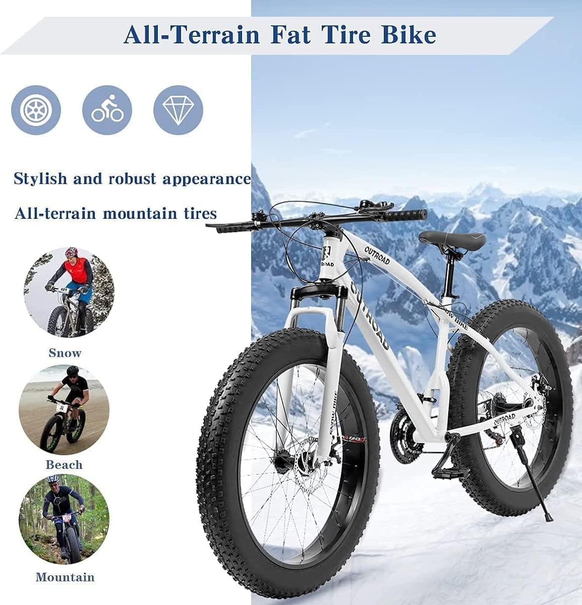 26 Inch Fat Tire Mountain Bike with Dual Disc Brakes, 26 Inch Non-Slip Wide Tires with 7 Speed, High-Carbon Frame MTB, Mountain Bicycle for Men and Women