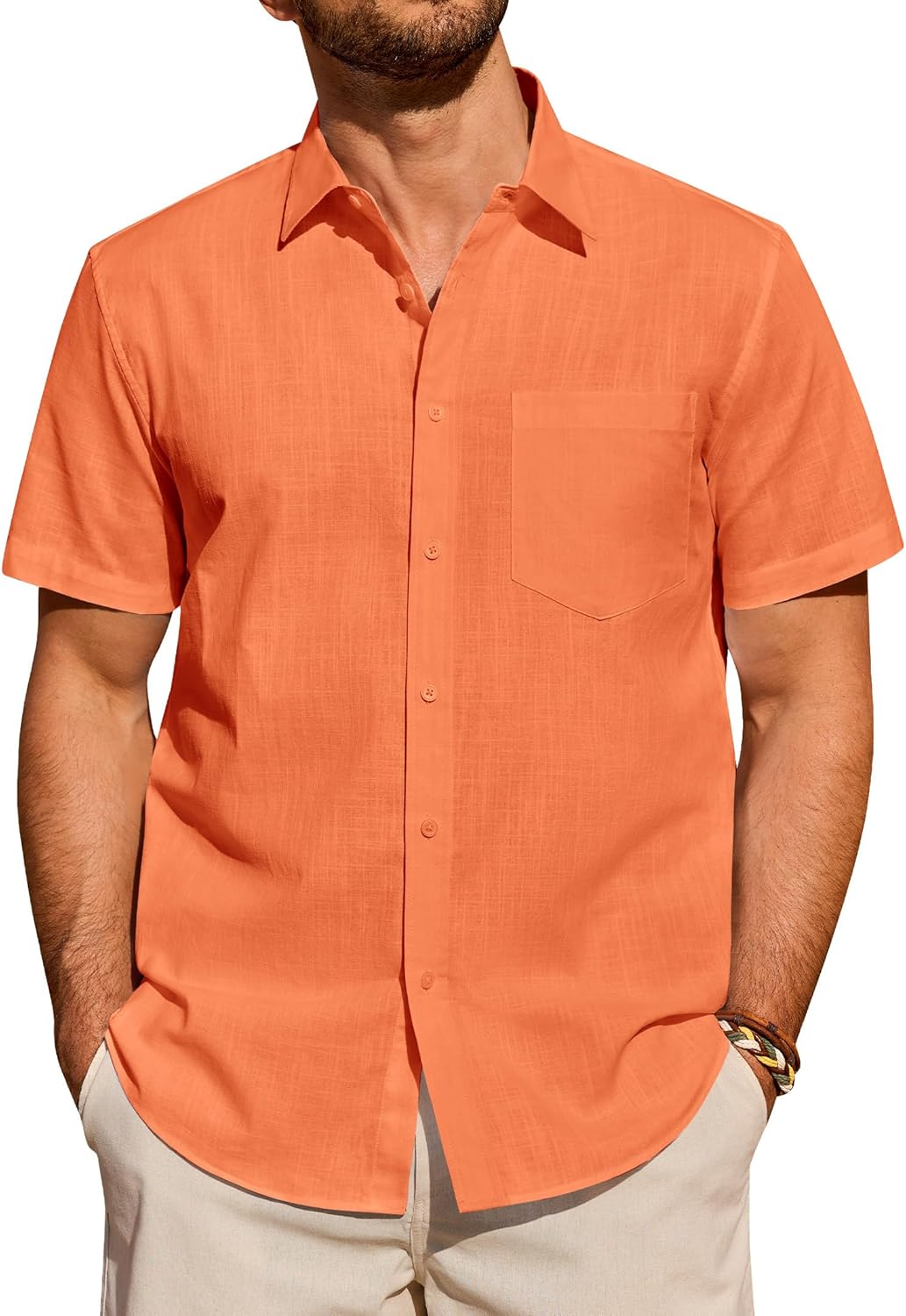 Alimens & Gentle Mens Linen Shirt Short Sleeve Casual Untucked Button Down Cotton Shirts Lightweight Beach Tops Summer