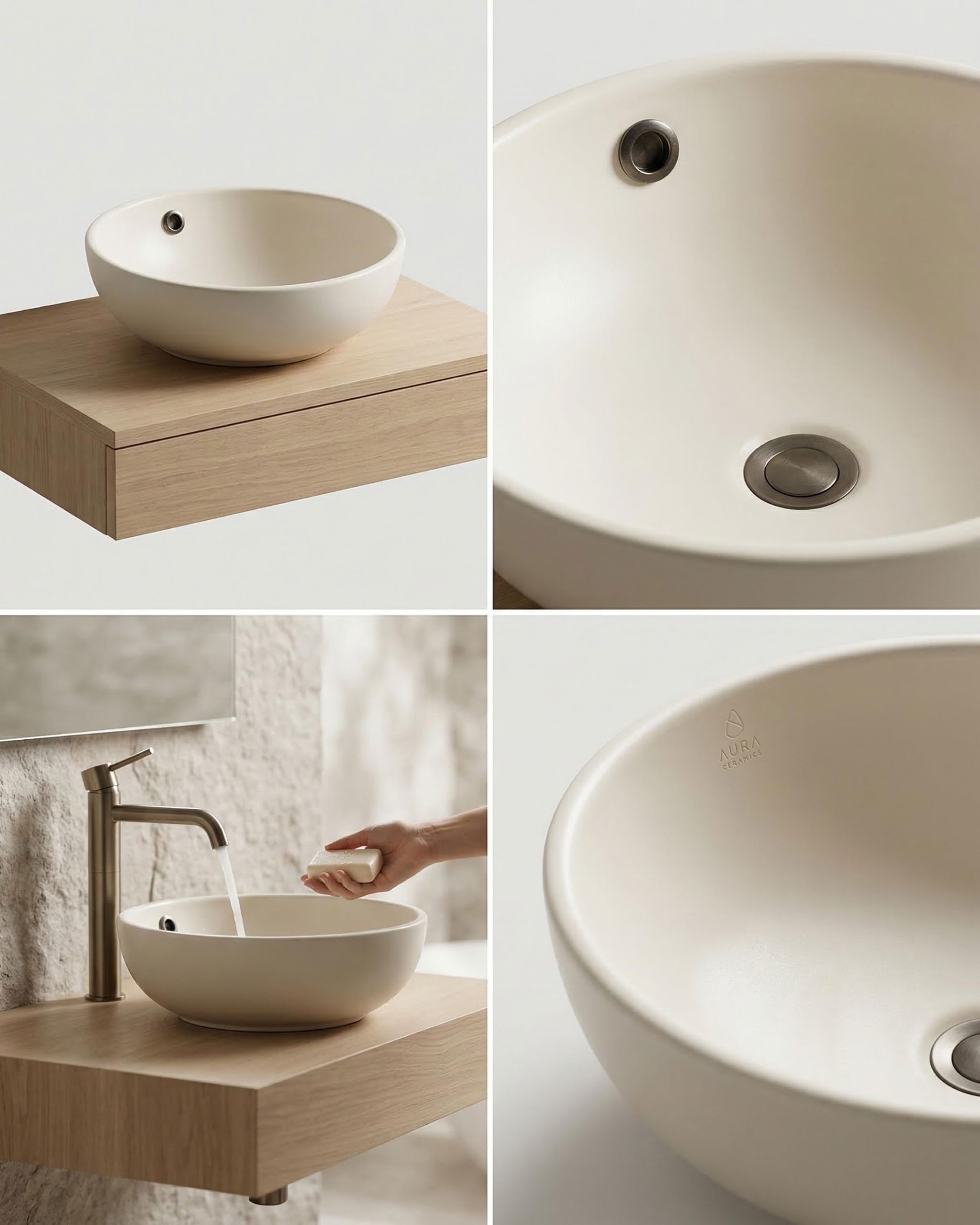 DocciaSì® - Lavabo da Appoggio in Ceramica Bianca Rotondo 43,5x16 cm, Lavandino Bagno da Appoggio Moderno per Mobile o Piano d’Appoggio, Design Minimal e Superficie Lucida Facile da Pulire