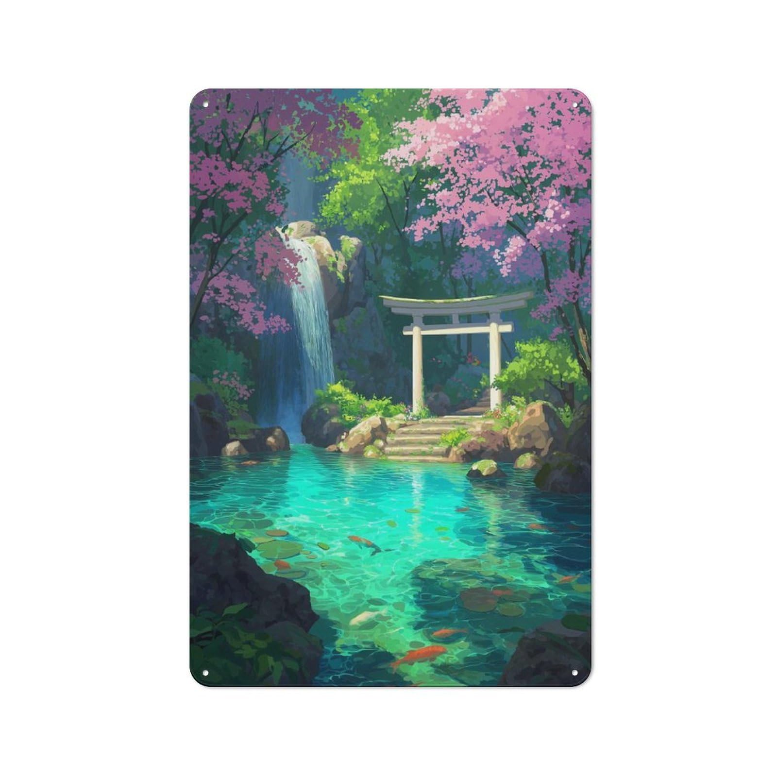 Junmoney Waterfall Shrine Cherry Blossom Rustic Tin Sign 30X20cm For Café Or Restaurant, For Café Owners And Decorators, For Retro Home Interiors
