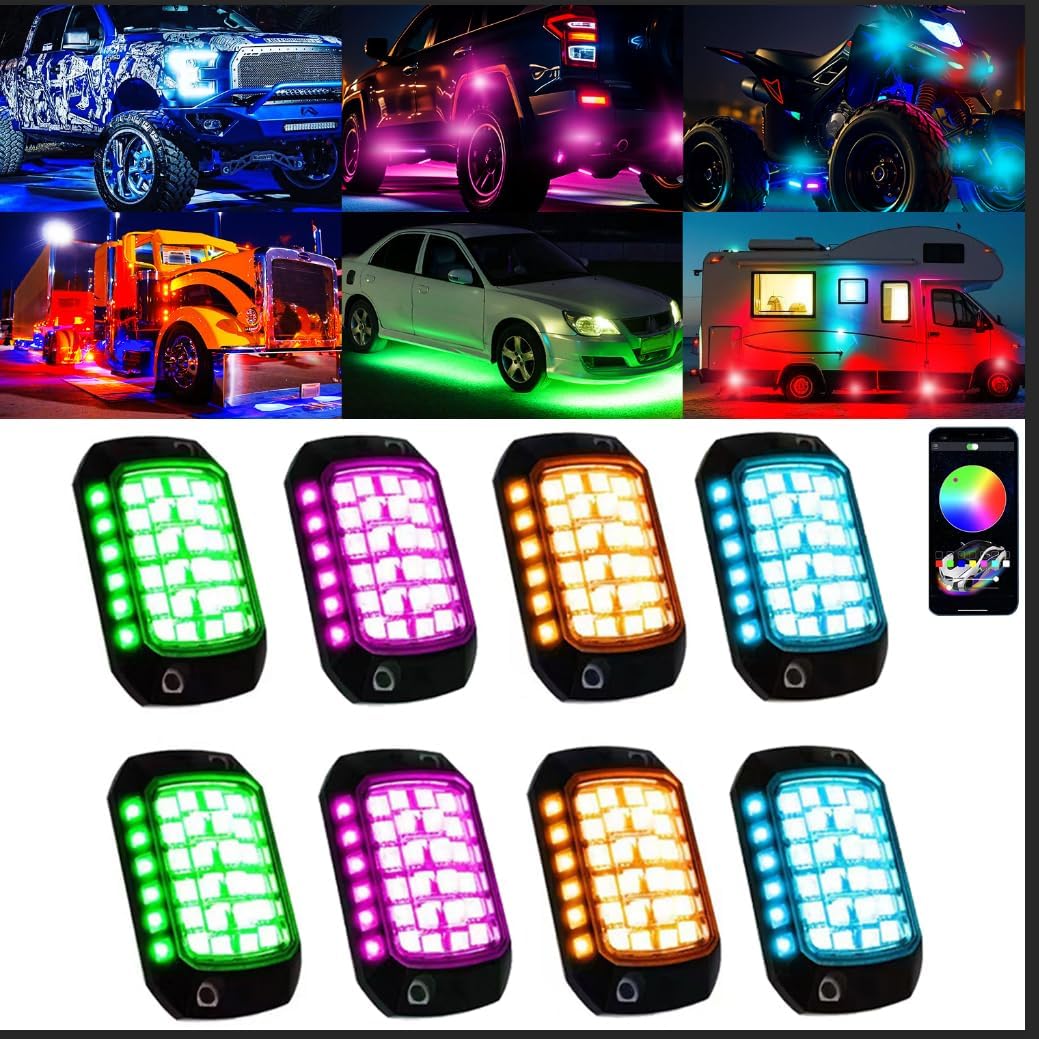 Rock Lights for Trucks, 36LED Full Angle RGB Led Rock Lights with APP/RF Control Flashing Music Mode, Multicolor Waterproof Underglow Led Lights Exterior Wheel Light for Truck UTV ATV Jeep SUV (8PCS)