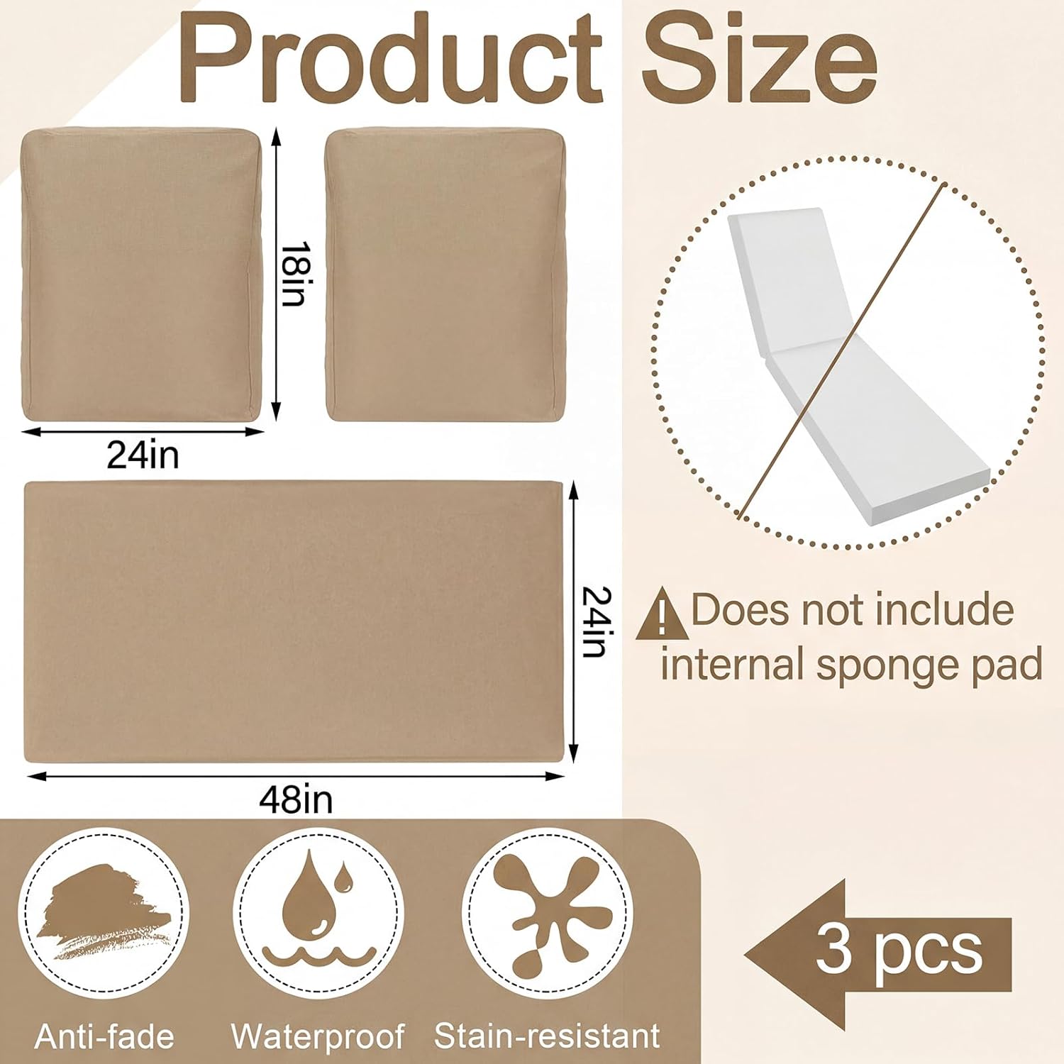 Wenqik 3 Pcs Waterproof Cushion Covers(Not Includes Cushion) 48'' x 24'' Outdoor Patio Furniture Seat Covers Fade Resistant Replacement Slipcover with Zipper for Outside Couch Swing Sofa(Beige)