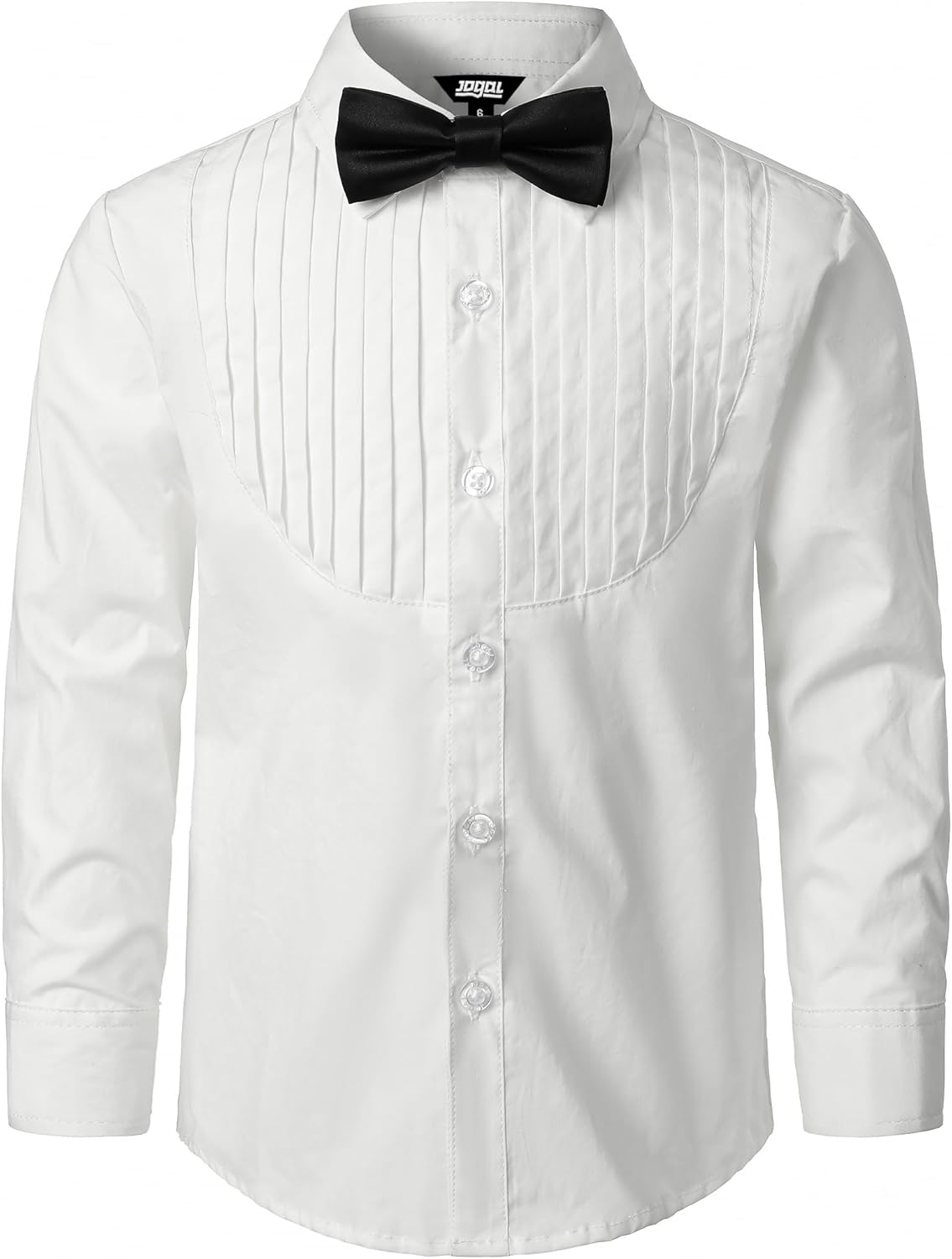 JOGAL Boys Dress Shirts Kids Pleated Tuxedo Shirt with Bow Tie for 6-14 Years Old Boys Button Down Shirt