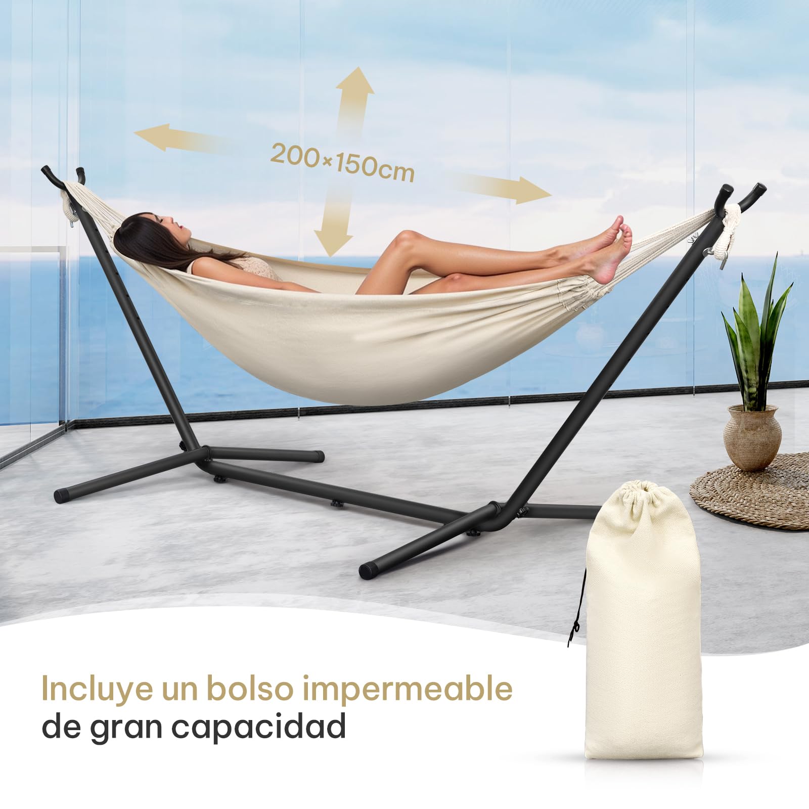 Laneetal Hamaca Jardín Tumbonas, Hamaca para 2 Personas con Soporte Metálico, Capacidad 250 kg, con Bolsa de Transporte, para Terraza, Jardín y Piscina, 280x106x100 cm (Beige, 280x106x100 cm)