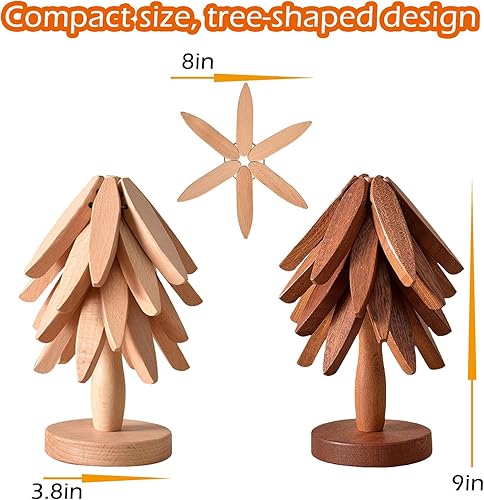 Miniatura 7 de Salvamanteles de Árbol de Madera para Platos Calientes - Juego de 3 con Soporte, Salvamanteles de Cocina Plegables Naturales para Ollas, Sartenes,