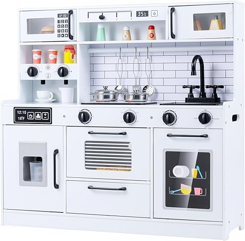 INFANS Juego de cocina para niños, cocina de madera con sonido ligero realista, juguete de cocina para niños y niñas mayores de 3 años (blanco)