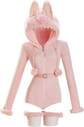 Mobbunny Women Monster Derivative Plush Cosplay Costume Pink Doll Furry Homewear Hooded Romper with Tail and Socks