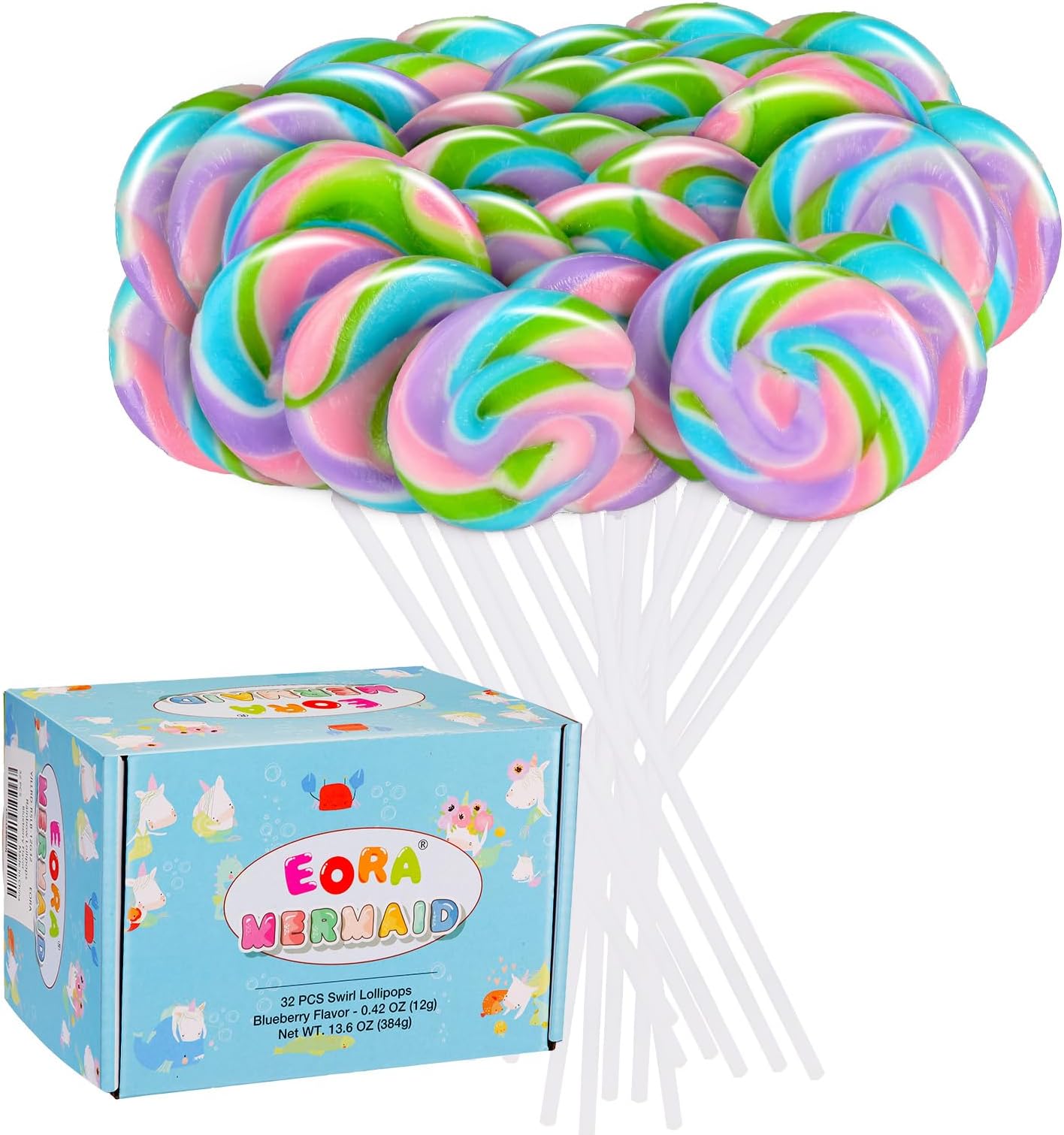 Rainbow Twisty & Swirl Lollipops 32pk, Mermaid Lollipops Candy Individually Wrapped Bulk, Unicorn Candy Swirl Lollipop Suckers, Unicorn Birthday, Blueberry Flavor